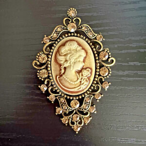 Vintage Cameo Brooch Brown Cream Lady Portrait Rhinestone Ornate Gold Tone